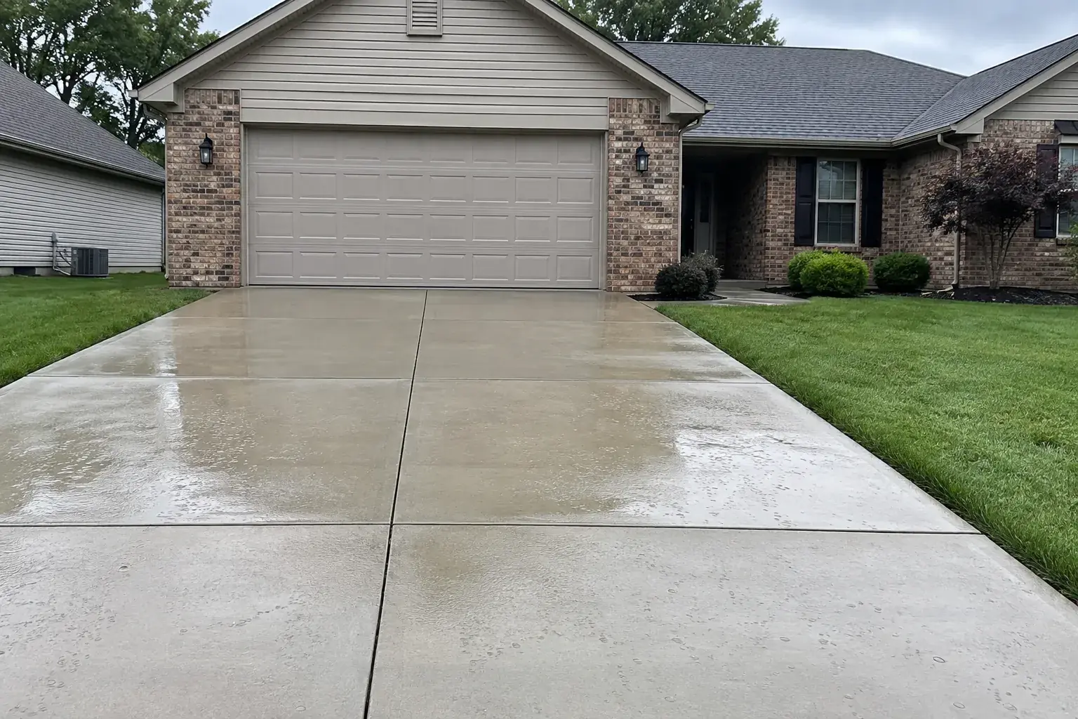 Freshly sealed concrete driveway in front of a brick ranch home