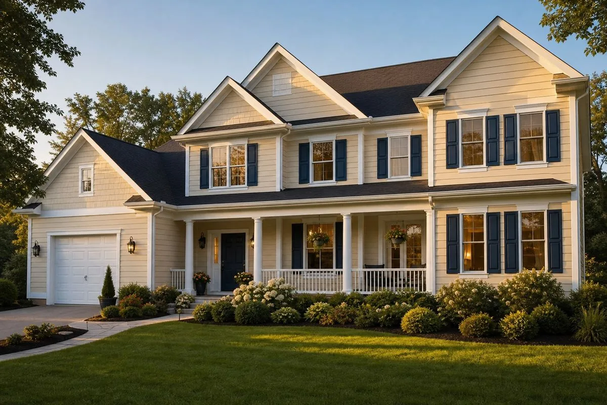 Two-story home with fresh cream siding and navy shutters at dusk