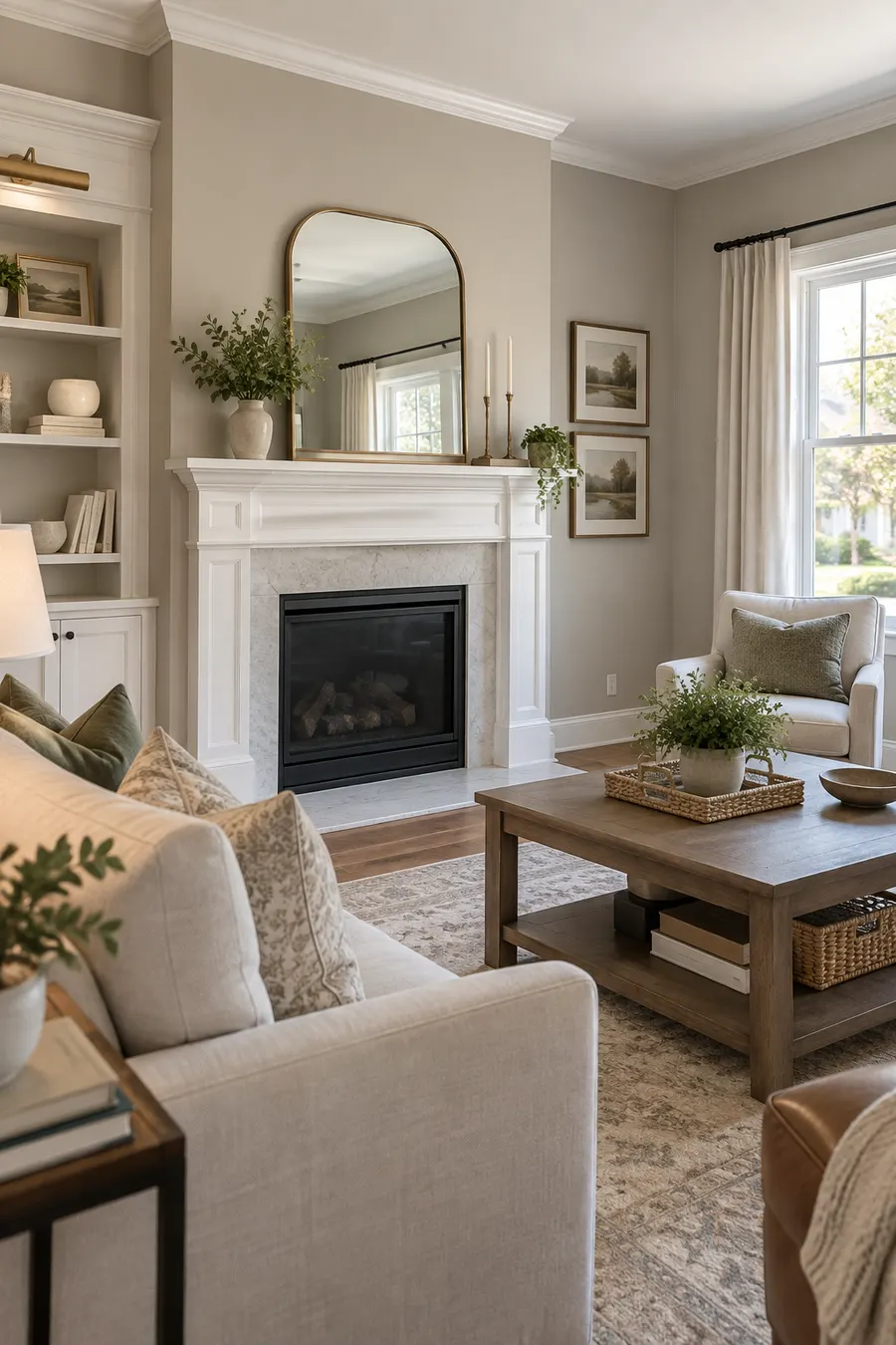Living room with freshly painted greige walls and crisp white trim